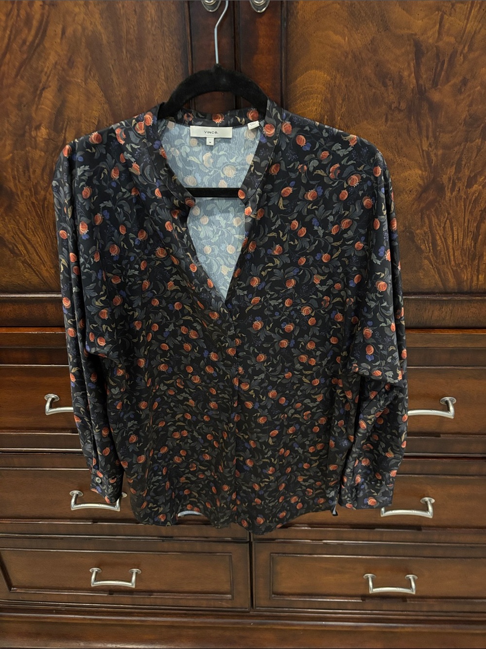 Vince Black poet’s blouse with Rust Floral Print for fall!
